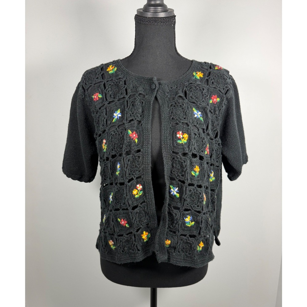 Vintage 90s R&K Originals Black Crochet Knit Floral Embroidered Cardigan 14